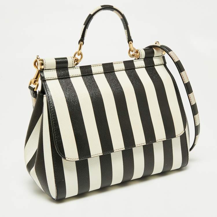 Pre Owned Dolce & Gabbana Black/White Striped Leather Medium Miss Sicily Top Handle Bag