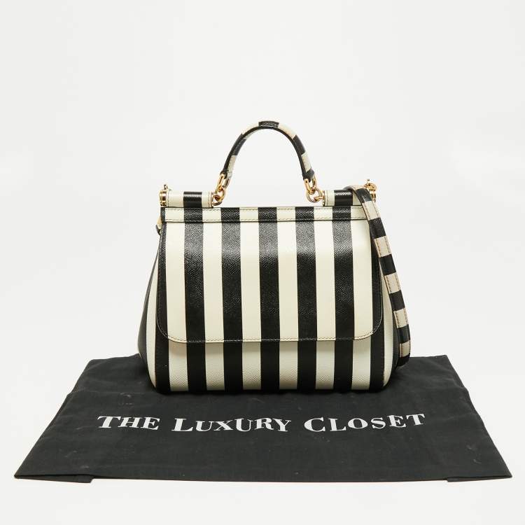 Pre Owned Dolce & Gabbana Black/White Striped Leather Medium Miss Sicily Top Handle Bag