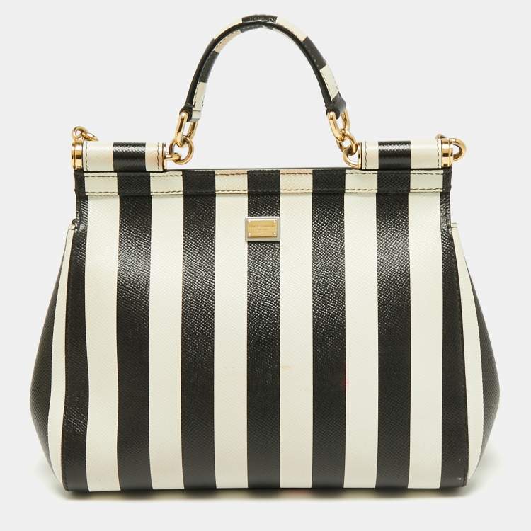 Pre Owned Dolce & Gabbana Black/White Striped Leather Medium Miss Sicily Top Handle Bag