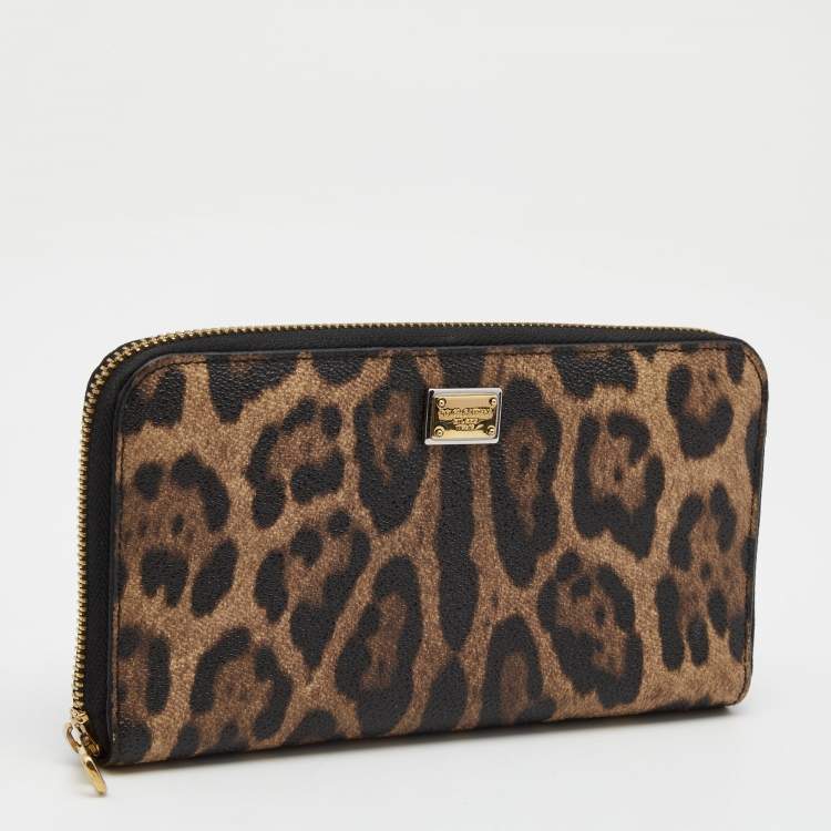 Pre Owned Dolce & Gabbana Beige/Brown Leopard Print Coated Canvas Zip Around Wallet