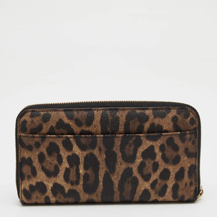 Pre Owned Dolce & Gabbana Beige/Brown Leopard Print Coated Canvas Zip Around Wallet