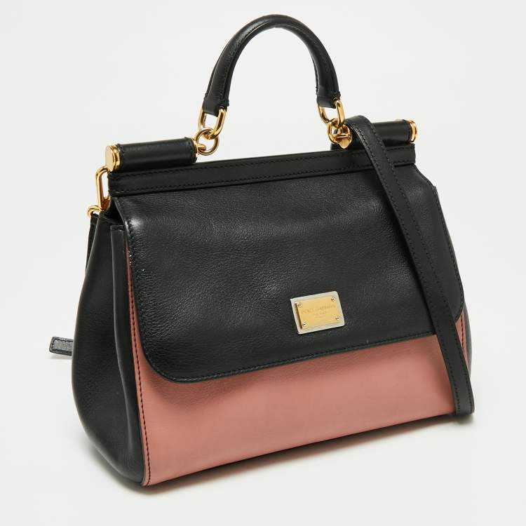 Pre Owned Dolce & Gabbana Black/Beige Leather Medium Miss Sicily Top Handle Bag