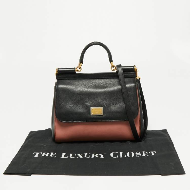 Pre Owned Dolce & Gabbana Black/Beige Leather Medium Miss Sicily Top Handle Bag