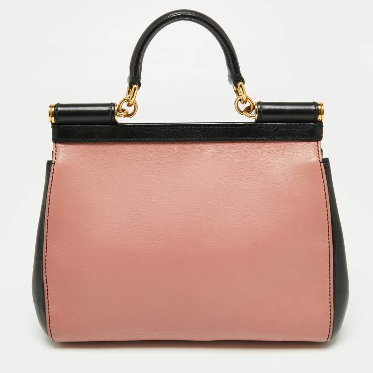 Pre Owned Dolce & Gabbana Black/Beige Leather Medium Miss Sicily Top Handle Bag