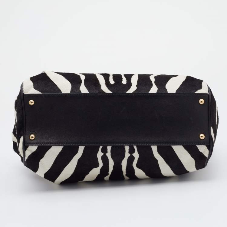 Pre Owned Dolce & Gabbana Black/White Zebra Print Calf Hair And Leather Large Miss Sicily Top Handle Bag