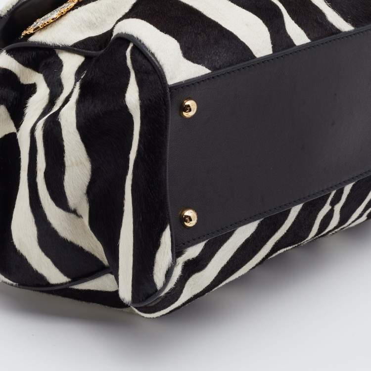 Pre Owned Dolce & Gabbana Black/White Zebra Print Calf Hair And Leather Large Miss Sicily Top Handle Bag
