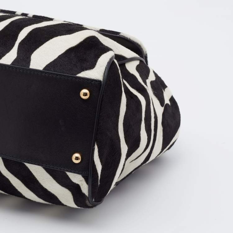 Pre Owned Dolce & Gabbana Black/White Zebra Print Calf Hair And Leather Large Miss Sicily Top Handle Bag
