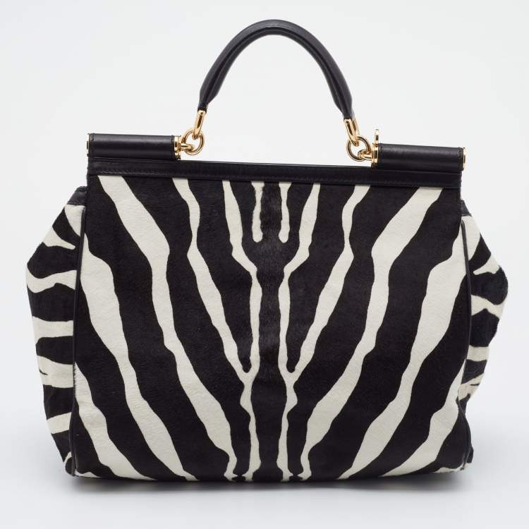 Pre Owned Dolce & Gabbana Black/White Zebra Print Calf Hair And Leather Large Miss Sicily Top Handle Bag