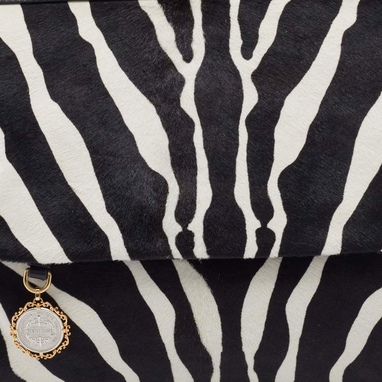 Pre Owned Dolce & Gabbana Black/White Zebra Print Calf Hair And Leather Large Miss Sicily Top Handle Bag