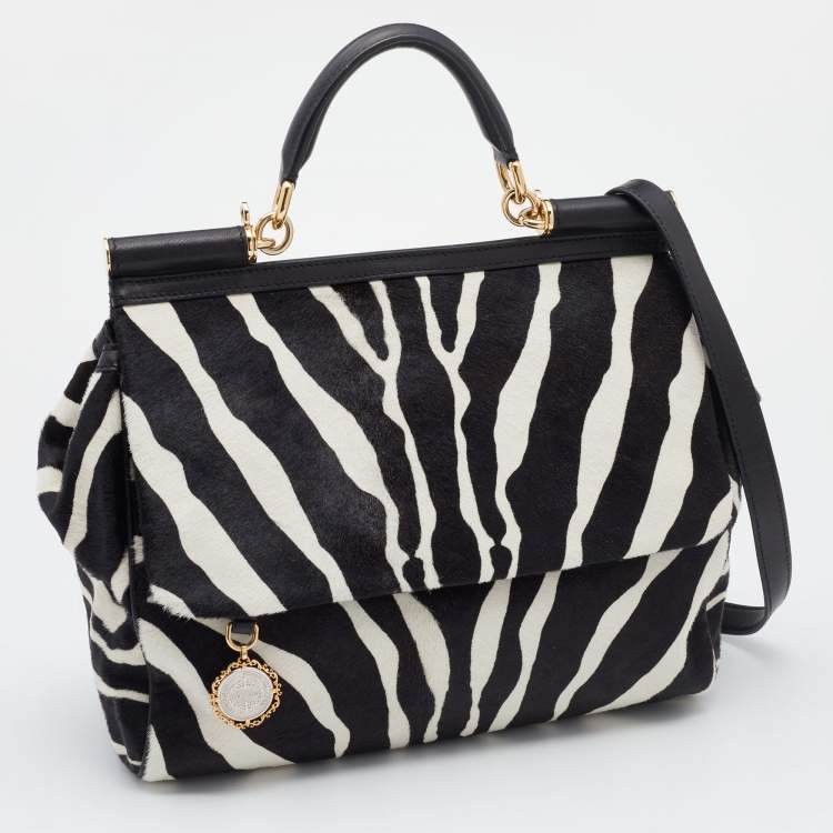 Pre Owned Dolce & Gabbana Black/White Zebra Print Calf Hair And Leather Large Miss Sicily Top Handle Bag
