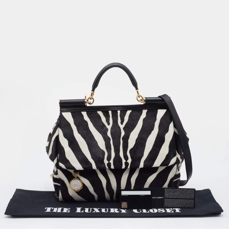 Pre Owned Dolce & Gabbana Black/White Zebra Print Calf Hair And Leather Large Miss Sicily Top Handle Bag