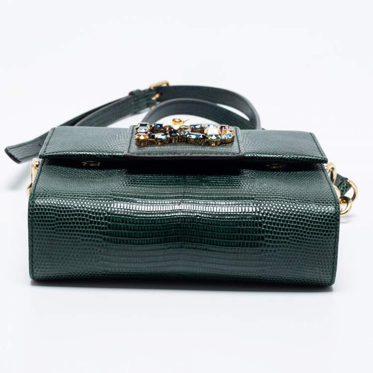 Pre Owned Dolce & Gabbana Green Iguana Embossed Leather Mini DG Millennials Bag
