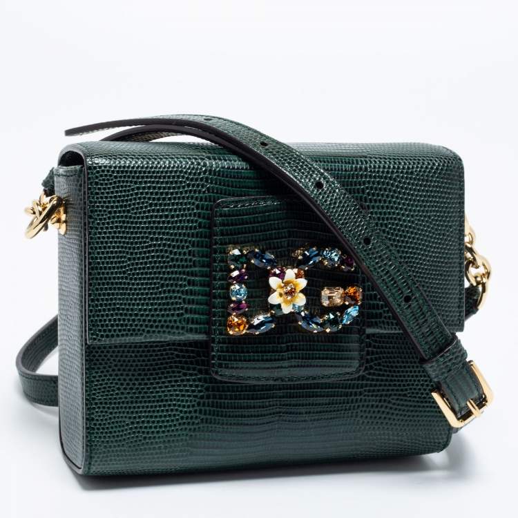 Pre Owned Dolce & Gabbana Green Iguana Embossed Leather Mini DG Millennials Bag