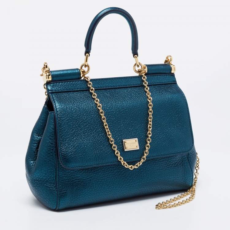 Pre Owned Dolce & Gabbana Teal Leather Small Miss Sicily Top Handle Bag