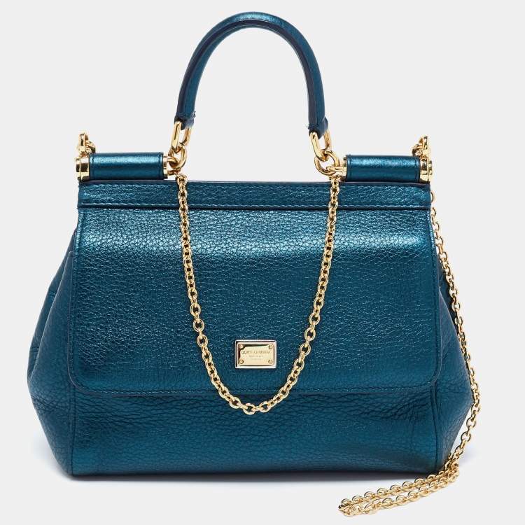 Pre Owned Dolce & Gabbana Teal Leather Small Miss Sicily Top Handle Bag