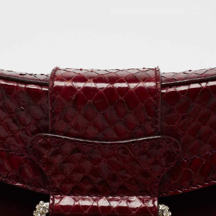 Pre Owned Dolce & Gabbana Burgundy Suede and Snakeskin D Ring Crystal Embellished Chain Clutch