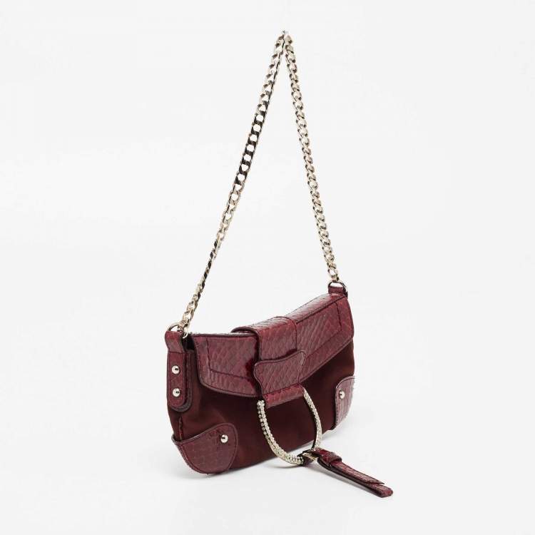 Pre Owned Dolce & Gabbana Burgundy Suede and Snakeskin D Ring Crystal Embellished Chain Clutch