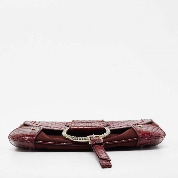 Pre Owned Dolce & Gabbana Burgundy Suede and Snakeskin D Ring Crystal Embellished Chain Clutch