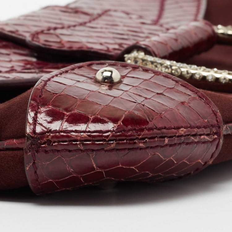 Pre Owned Dolce & Gabbana Burgundy Suede and Snakeskin D Ring Crystal Embellished Chain Clutch