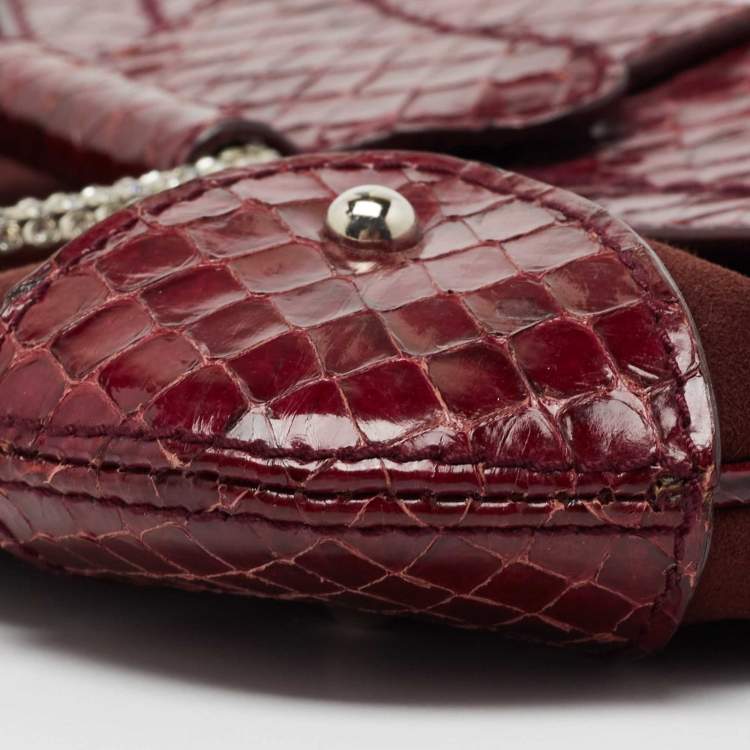 Pre Owned Dolce & Gabbana Burgundy Suede and Snakeskin D Ring Crystal Embellished Chain Clutch