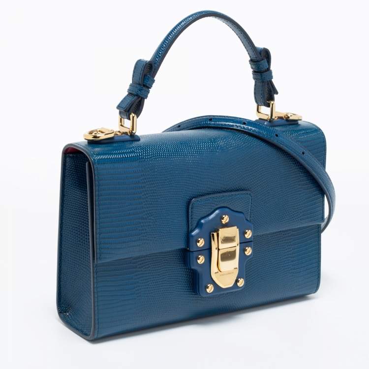 Pre Owned Dolce & Gabbana Blue Lizard Embossed Leather Lucia Top Handle Bag
