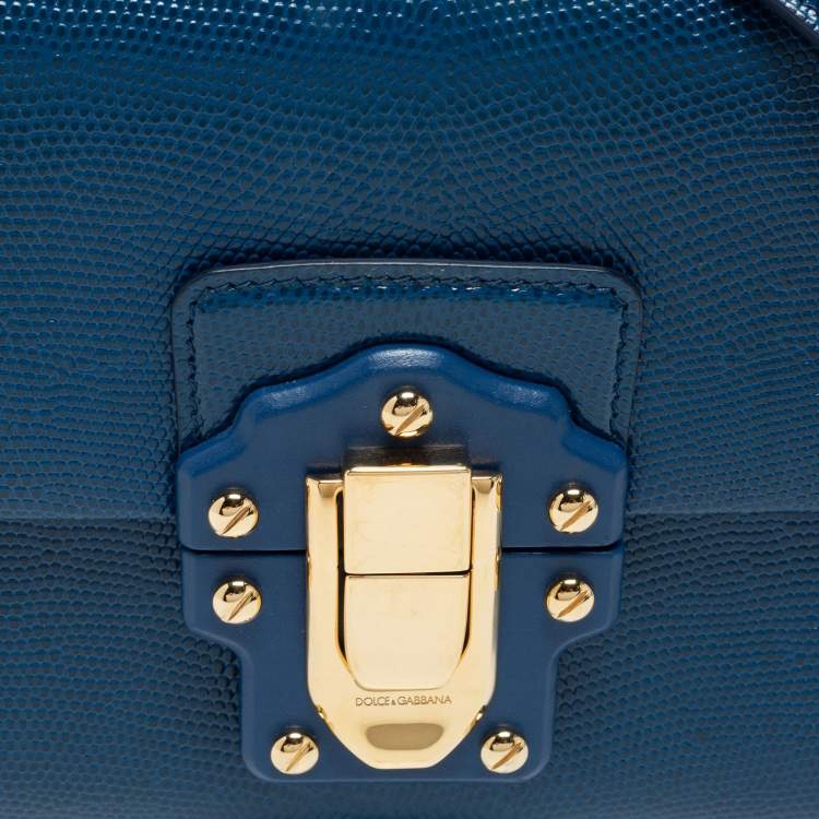 Pre Owned Dolce & Gabbana Blue Lizard Embossed Leather Lucia Top Handle Bag