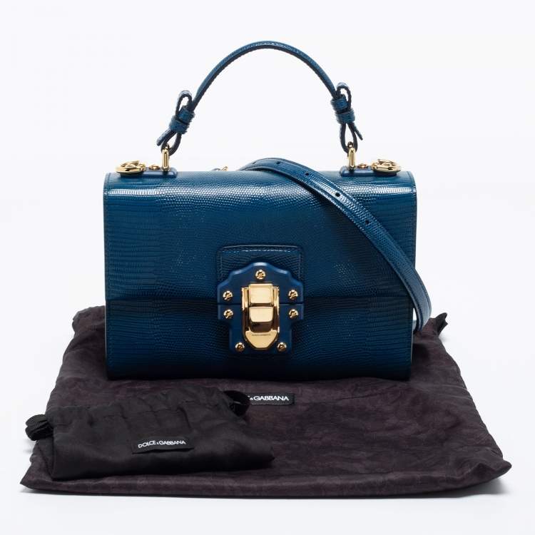 Pre Owned Dolce & Gabbana Blue Lizard Embossed Leather Lucia Top Handle Bag