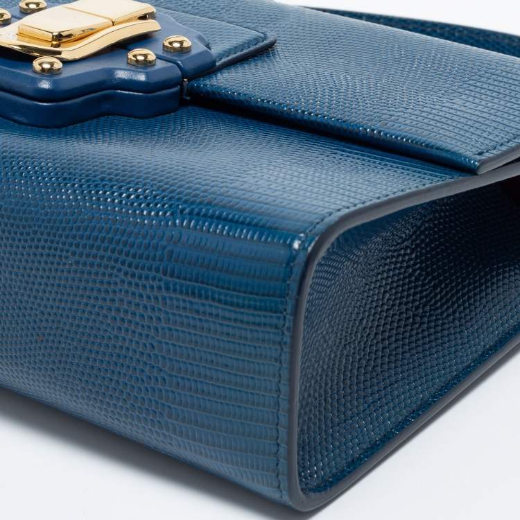 Pre Owned Dolce & Gabbana Blue Lizard Embossed Leather Lucia Top Handle Bag