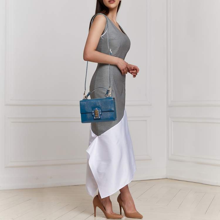 Pre Owned Dolce & Gabbana Blue Lizard Embossed Leather Lucia Top Handle Bag