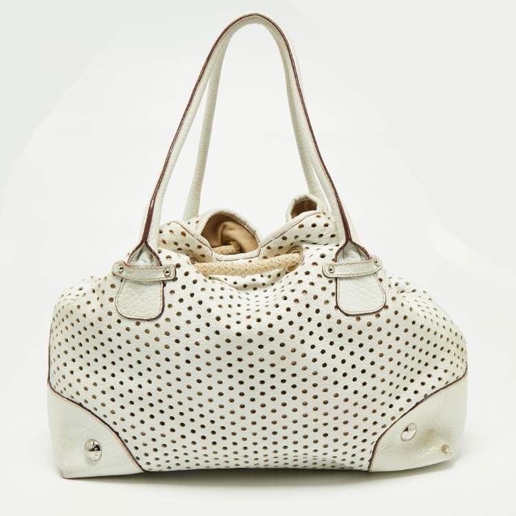 Pre Owned Dolce & Gabbana White Perforated Leather Drawstring Shoulder Bag