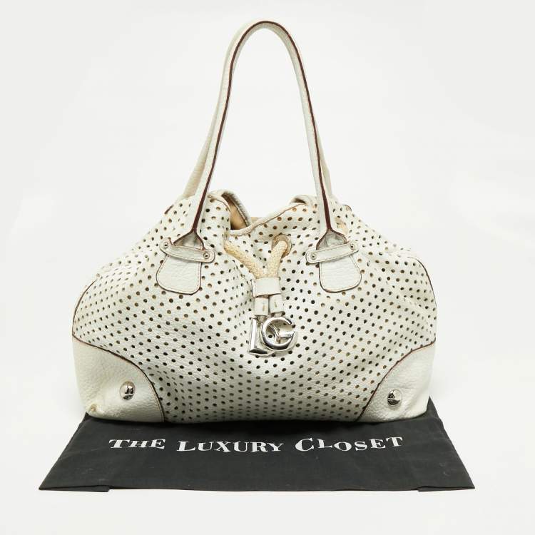 Pre Owned Dolce & Gabbana White Perforated Leather Drawstring Shoulder Bag