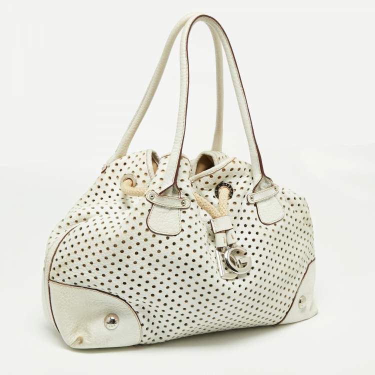 Pre Owned Dolce & Gabbana White Perforated Leather Drawstring Shoulder Bag