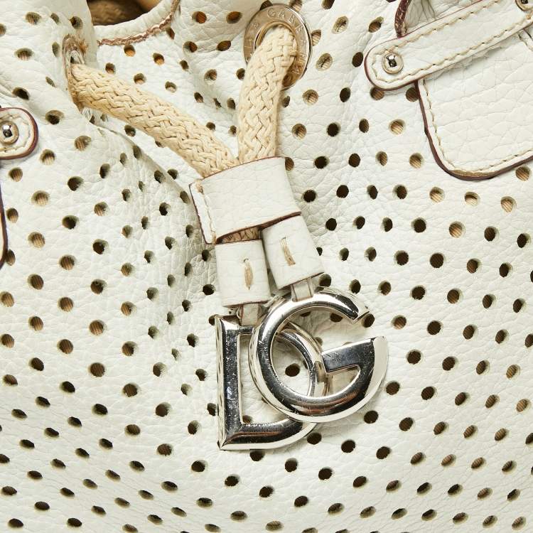 Pre Owned Dolce & Gabbana White Perforated Leather Drawstring Shoulder Bag