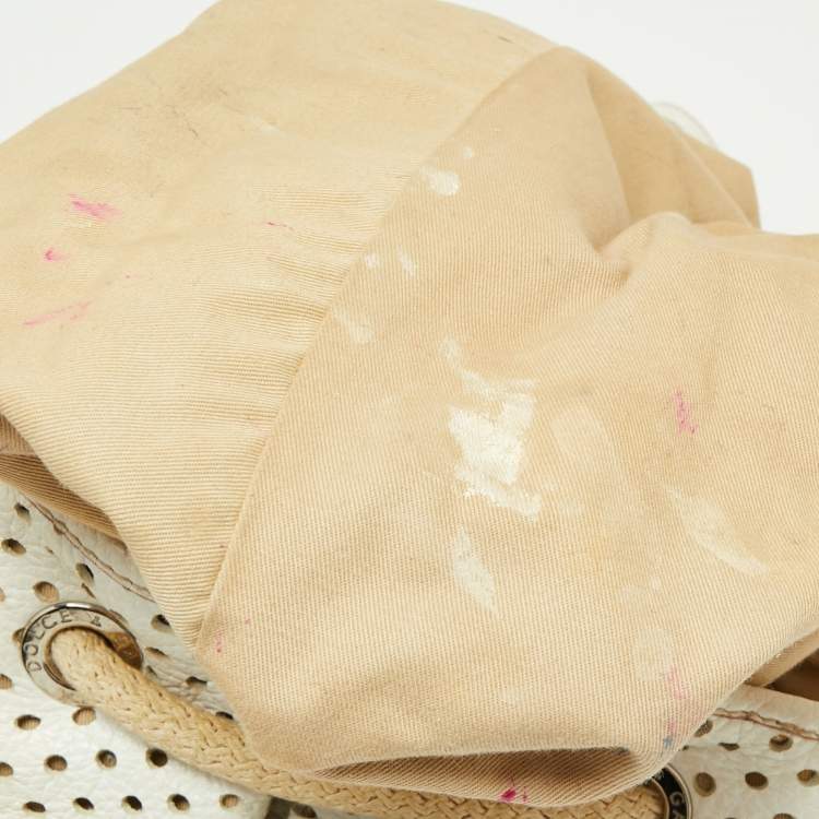 Pre Owned Dolce & Gabbana White Perforated Leather Drawstring Shoulder Bag