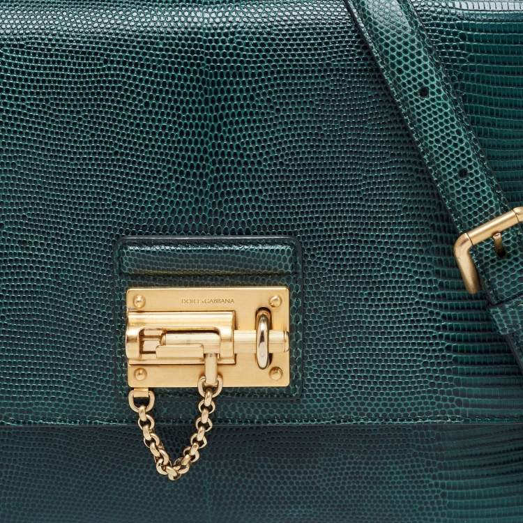 Pre Owned Dolce & Gabbana Green Lizard Embossed Leather Medium Miss Monica Top Handle Bag