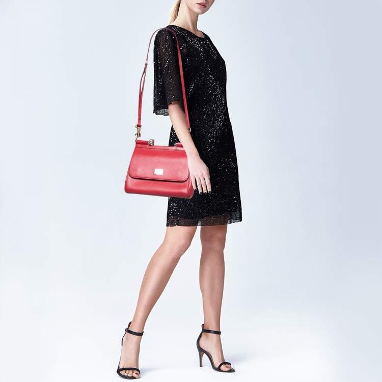 Pre Owned Dolce & Gabbana Red Leather Medium Miss Sicily Top Handle Bag