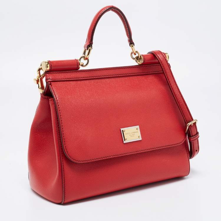 Pre Owned Dolce & Gabbana Red Leather Medium Miss Sicily Top Handle Bag