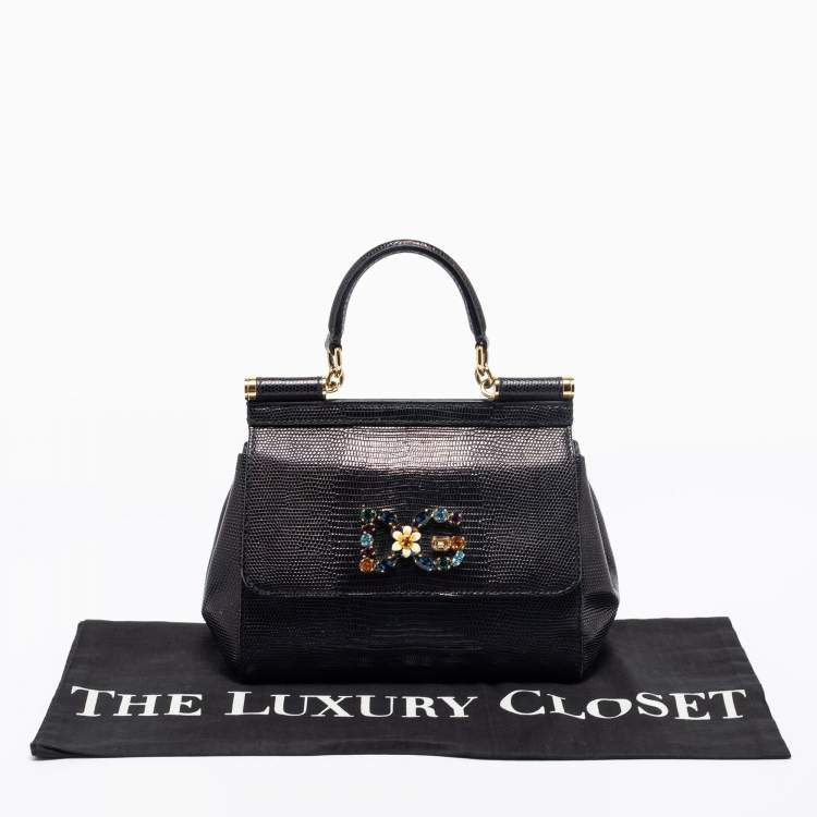 مملوكة مسبقًا Dolce & Gabbana Black Leather Small Embellished Miss Sicily Top Handle Bag
