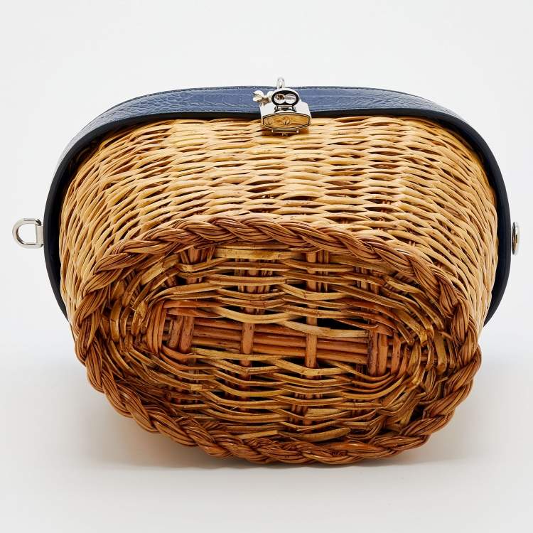 Pre Owned Dolce & Gabbana Blue/Beige Straw And Embossed Leather Wicker Bag
