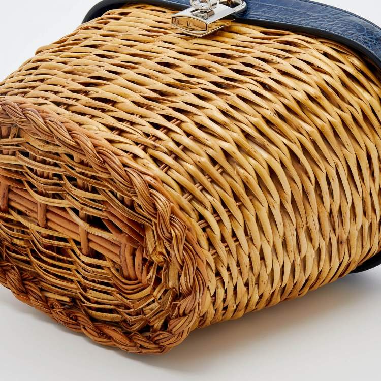 Pre Owned Dolce & Gabbana Blue/Beige Straw And Embossed Leather Wicker Bag