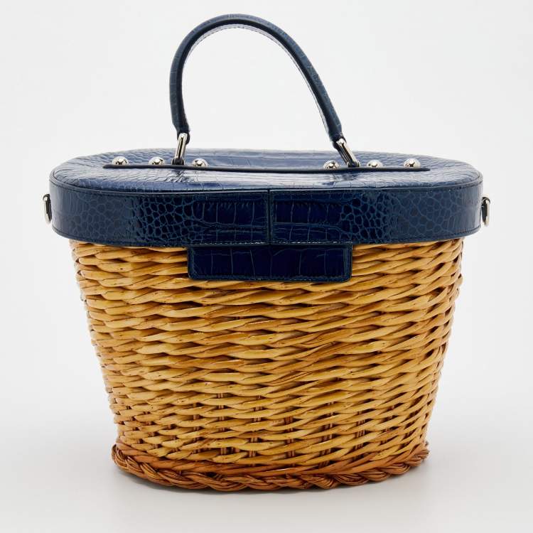 Pre Owned Dolce & Gabbana Blue/Beige Straw And Embossed Leather Wicker Bag