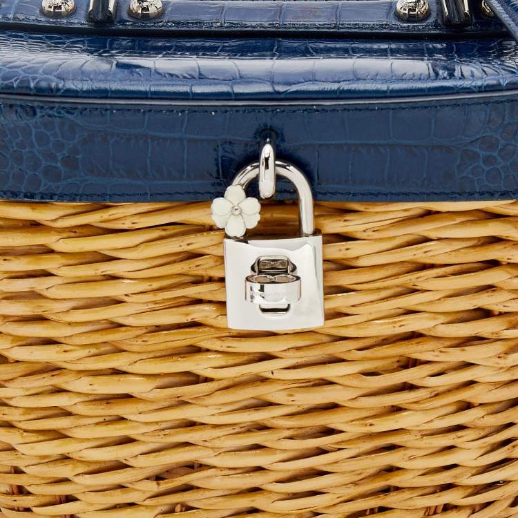 Pre Owned Dolce & Gabbana Blue/Beige Straw And Embossed Leather Wicker Bag
