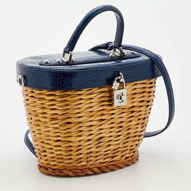 Pre Owned Dolce & Gabbana Blue/Beige Straw And Embossed Leather Wicker Bag