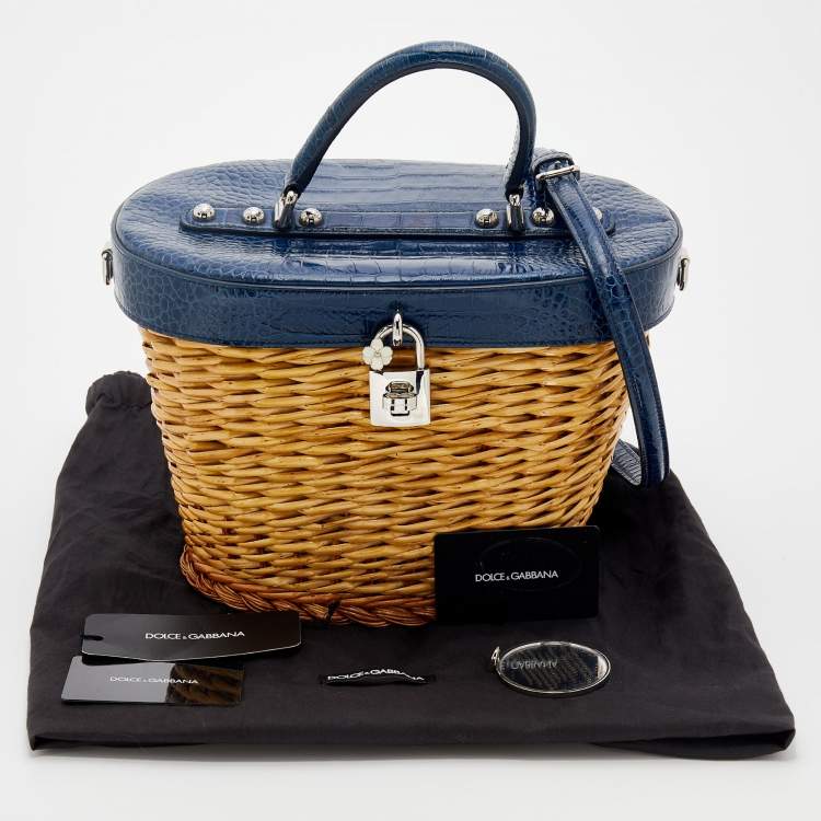 Pre Owned Dolce & Gabbana Blue/Beige Straw And Embossed Leather Wicker Bag