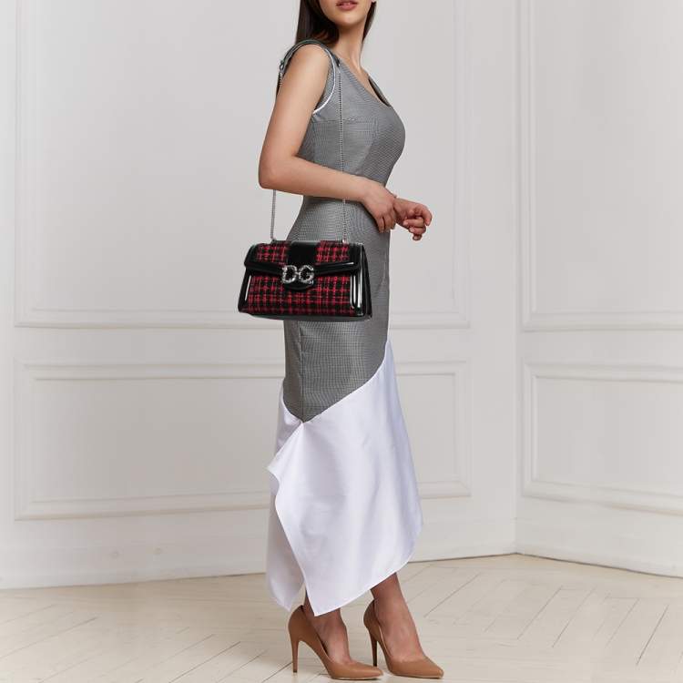 Pre Owned Dolce & Gabbana Black/Red Glossy Leather and Tweed DG Amore Shoulder Bag