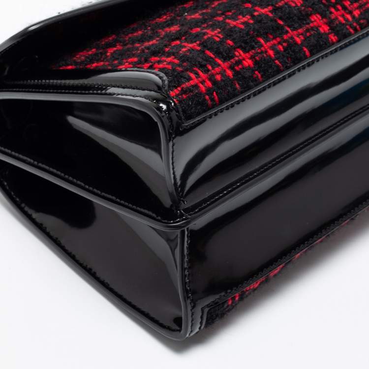 Pre Owned Dolce & Gabbana Black/Red Glossy Leather and Tweed DG Amore Shoulder Bag