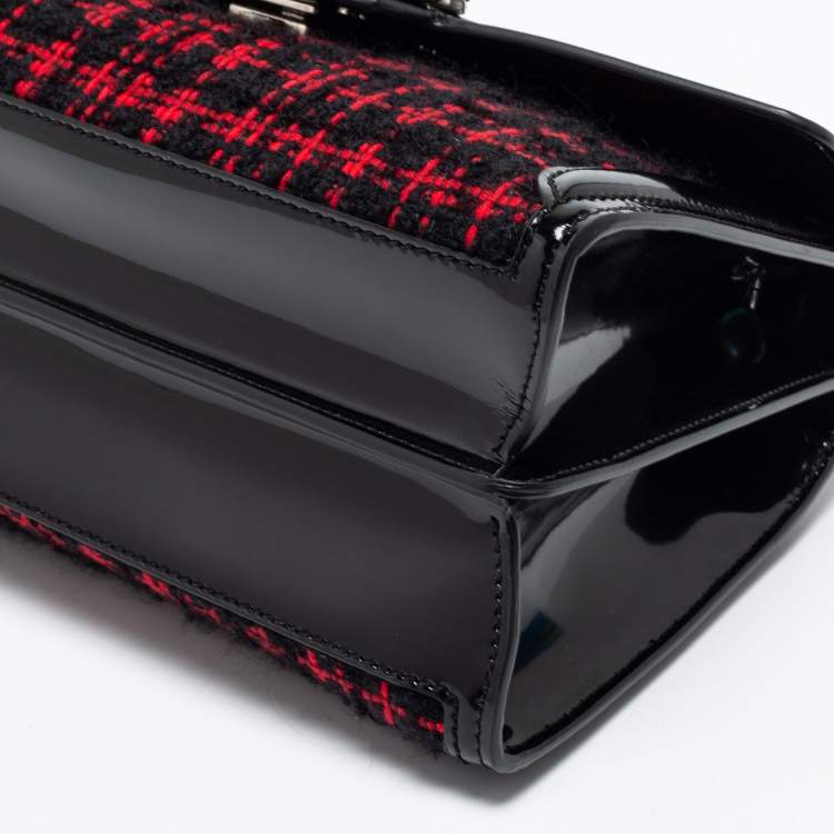 Pre Owned Dolce & Gabbana Black/Red Glossy Leather and Tweed DG Amore Shoulder Bag