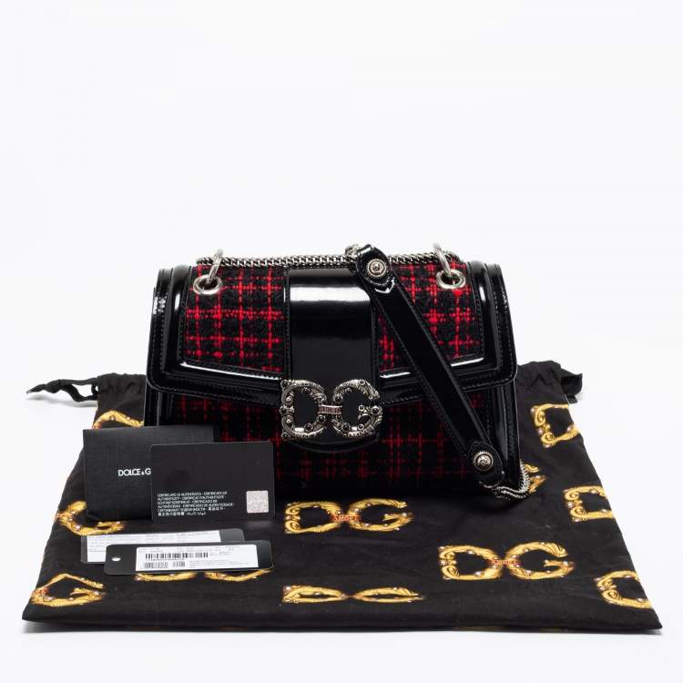 Pre Owned Dolce & Gabbana Black/Red Glossy Leather and Tweed DG Amore Shoulder Bag