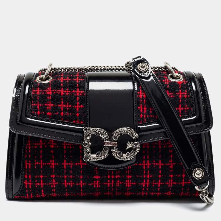 Pre Owned Dolce & Gabbana Black/Red Glossy Leather and Tweed DG Amore Shoulder Bag
