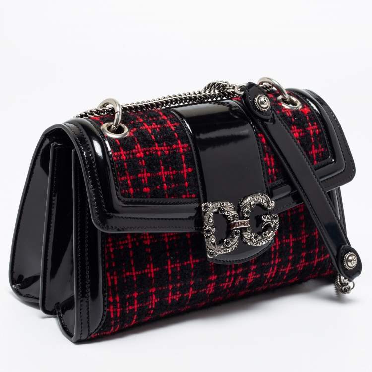 Pre Owned Dolce & Gabbana Black/Red Glossy Leather and Tweed DG Amore Shoulder Bag